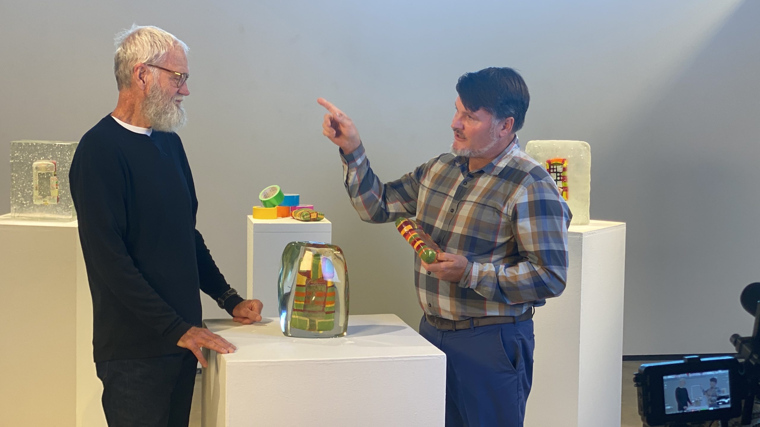 David Letterman and Brett hold the final glass art piece