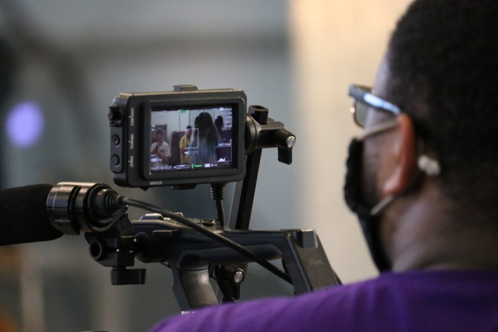 A student records David Letterman in the Glick Center.