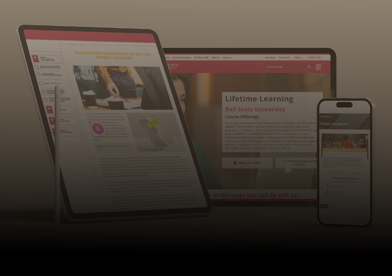 An iPad, iPhone, and tablet showcase the Division of Lifetime Learning from Ball State