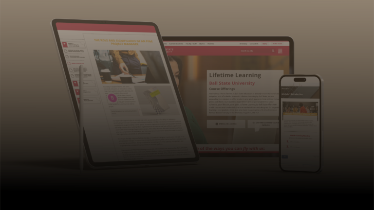 An iPad, iPhone, and tablet showcase the Division of Lifetime Learning from Ball State
