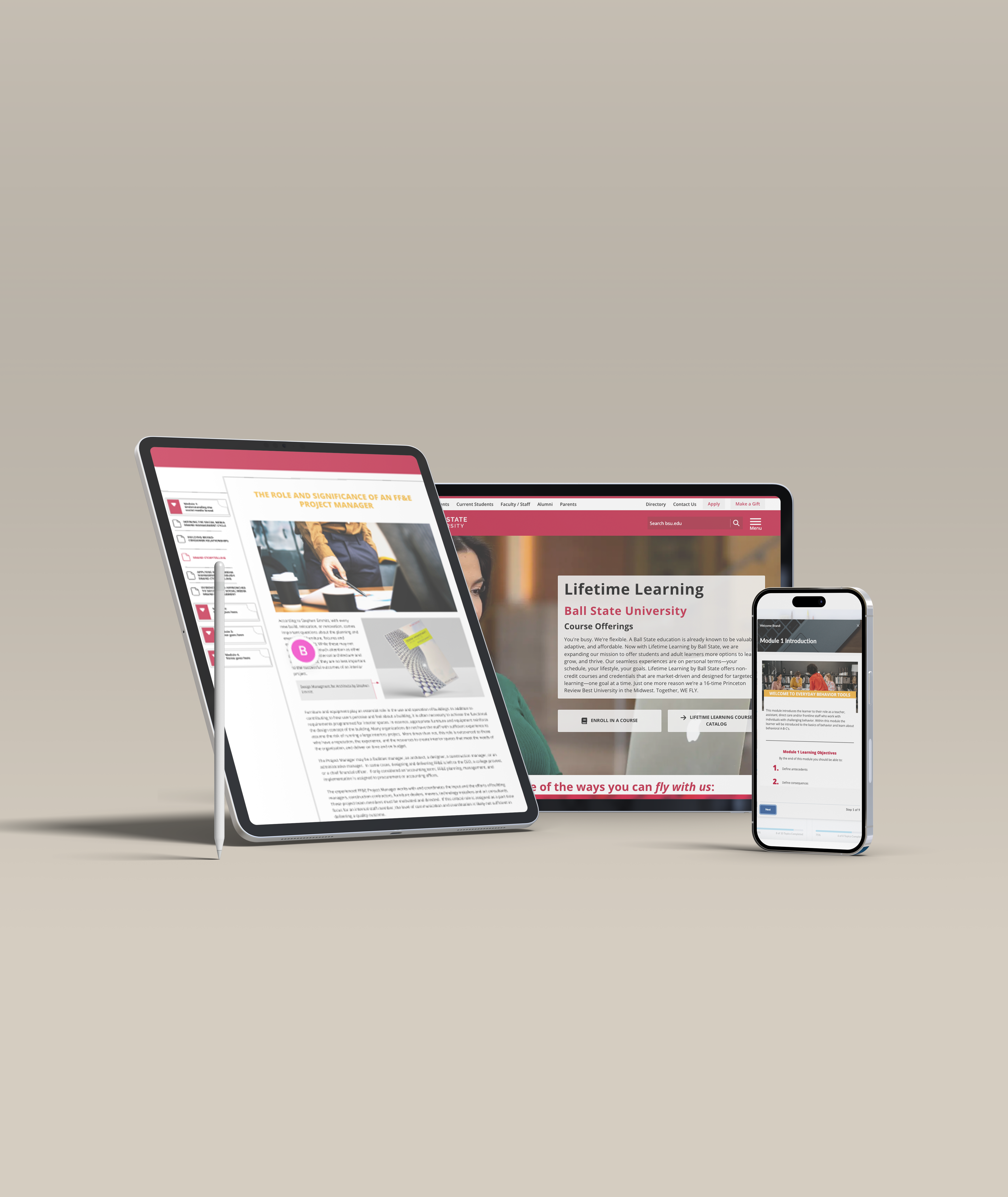 An iPad, iPhone, and tablet showcase the Division of Lifetime Learning from Ball State
