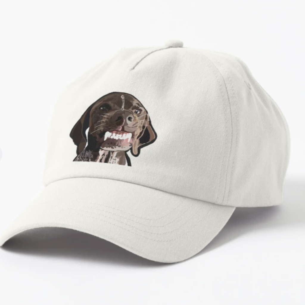 A white graphic hat with a german shorthair pointer snarling
