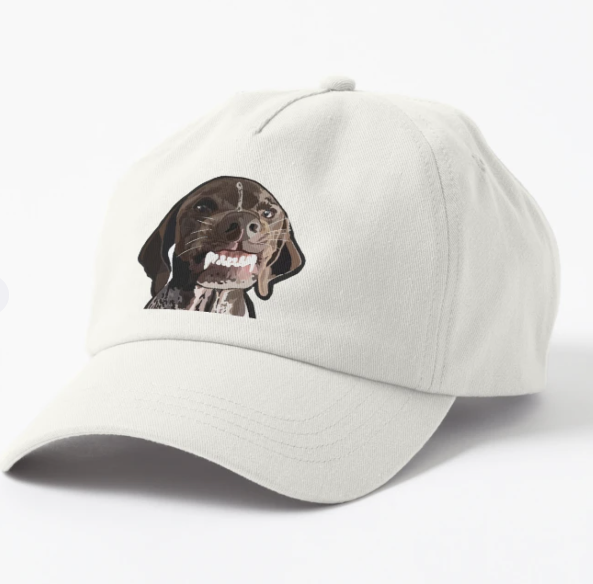 A white graphic hat with a german shorthair pointer snarling