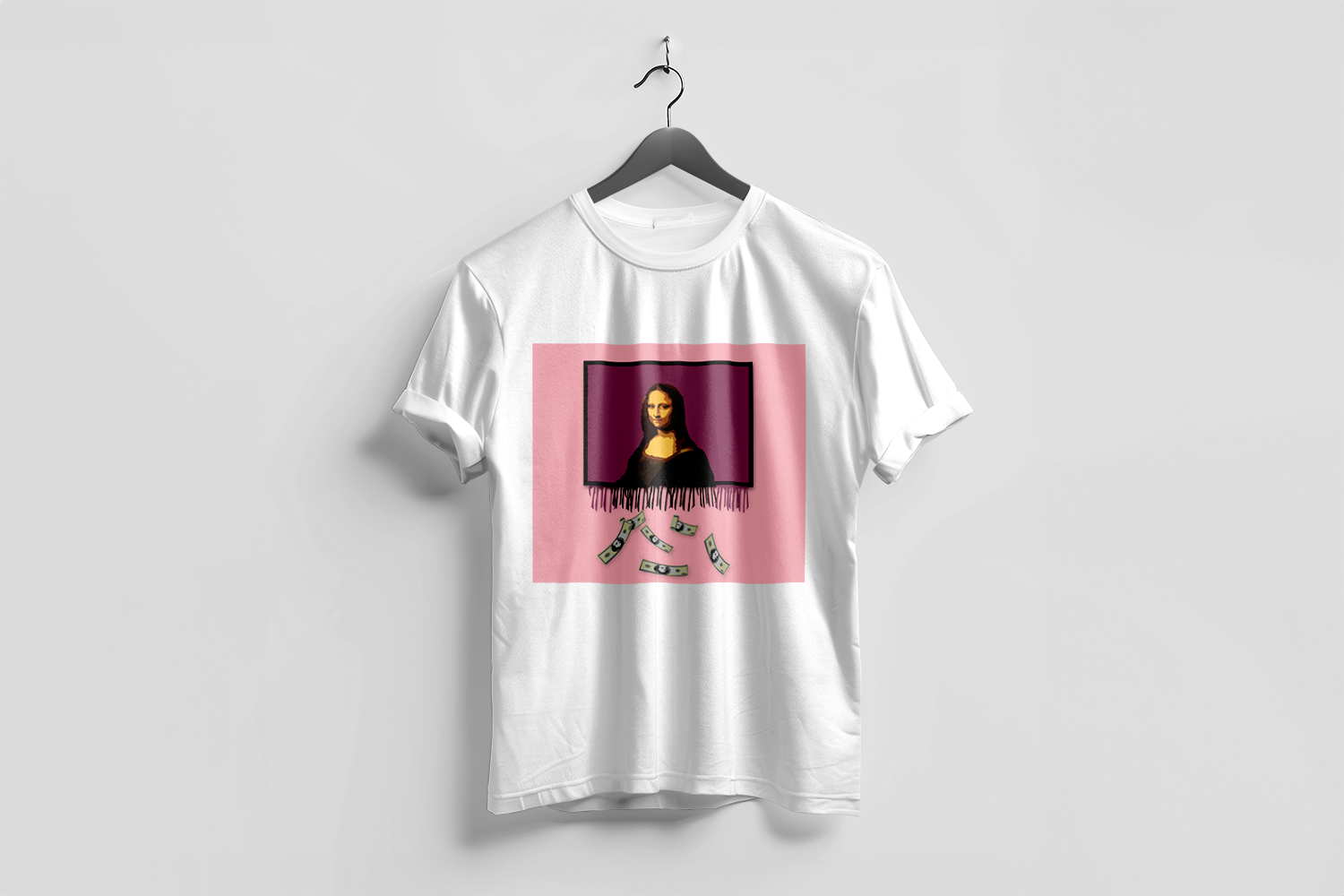 A t-shirt with a Mona Lisa graphic on it.