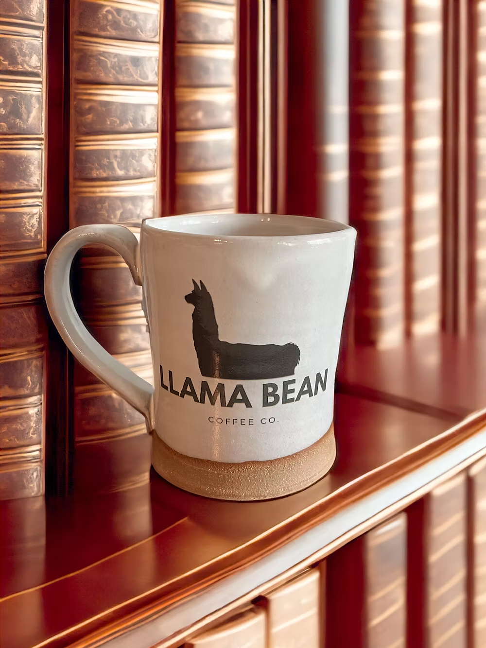 A Llama Bean Coffee Co mug sits on a book shelf
